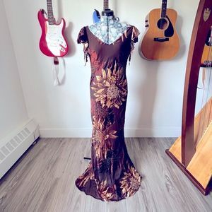 Y2K Vintage Floor Length Golden Earth Tones Fairycore Maxi Dress Sz Med-…